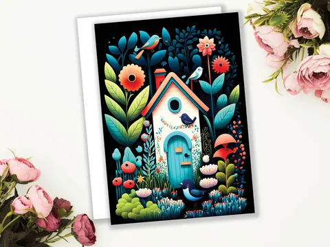 Folk Art House Greeting Card Whimsical Garden Housewarming New Home Moving House Gardening Gardeners Thank You Just Because Colourful Cards - View 5