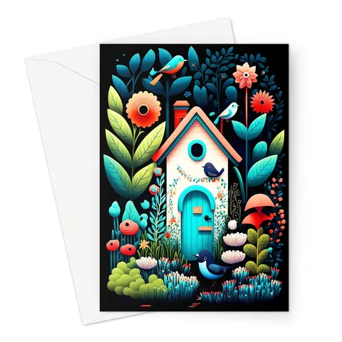 Folk Art House Greeting Card Whimsical Garden Housewarming New Home Moving House Gardening Gardeners Thank You Just Because Colourful Cards - View 3