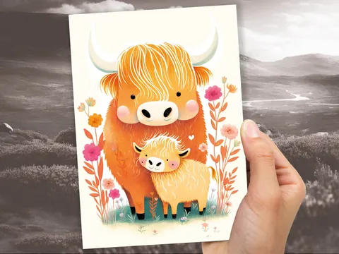 Highland Cow and Calf Card – Floral Art - View 7