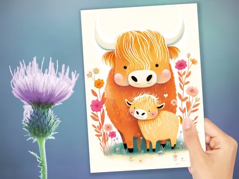 Highland Cow and Calf Card – Floral Art - View 9
