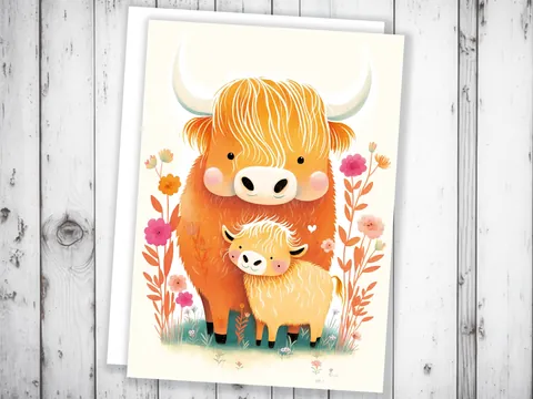 Highland Cow and Calf Card – Floral Art - View 6