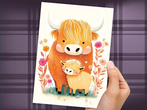 Highland Cow and Calf Card – Floral Art - View 4