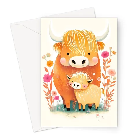 Highland Cow and Calf Card – Floral Art - View 2
