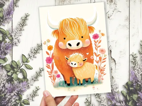 Highland Cow and Calf Card – Floral Art - View 3