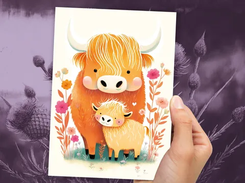 Highland Cow and Calf Card – Floral Art - View 8