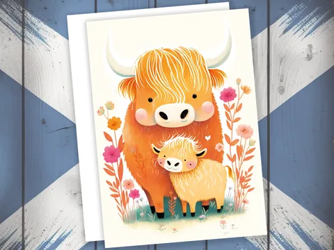 Highland Cow and Calf Card – Floral Art - View 5