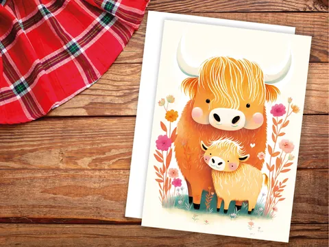 Highland Cow and Calf Card – Floral Art