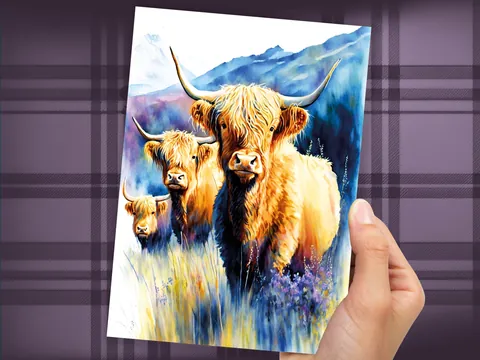 Watercolour Highland Cows Summer Card
