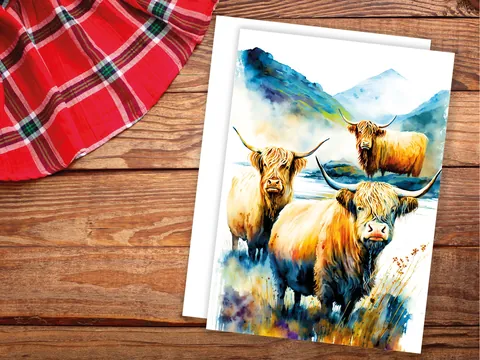 Highland Cow Card – Summer Landscape - View 2