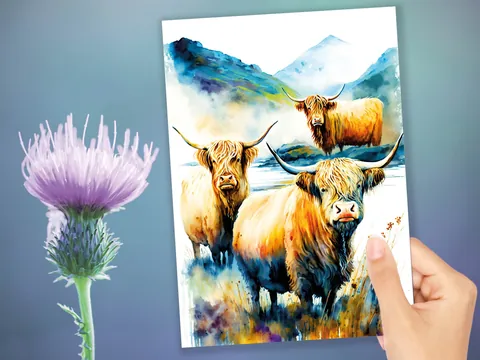 Highland Cow Card – Summer Landscape