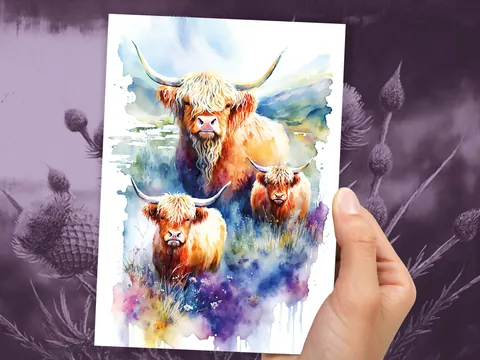 Watercolour Highland Cows Card