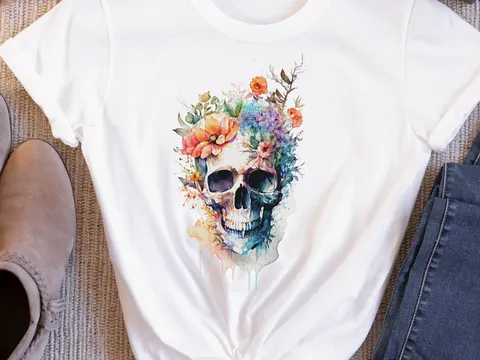 Watercolour Skull and Flowers T-Shirt - View 2
