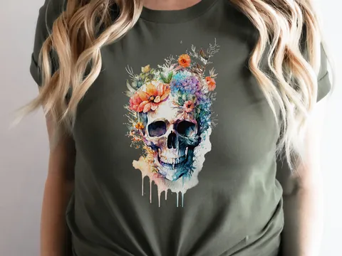 Watercolour Skull and Flowers T-Shirt - View 7