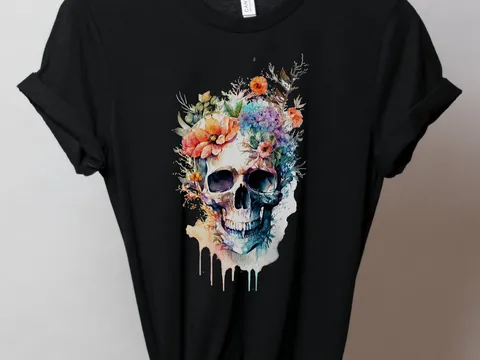 Watercolour Skull and Flowers T-Shirt - View 5