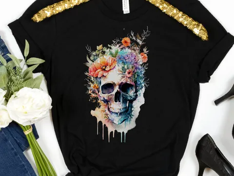 Watercolour Skull and Flowers T-Shirt - View 9