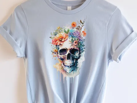 Watercolour Skull and Flowers T-Shirt - View 3