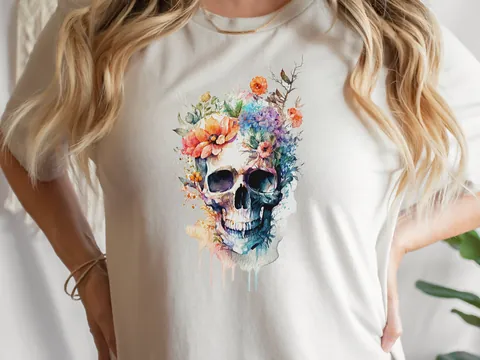 Watercolour Skull and Flowers T-Shirt - View 8