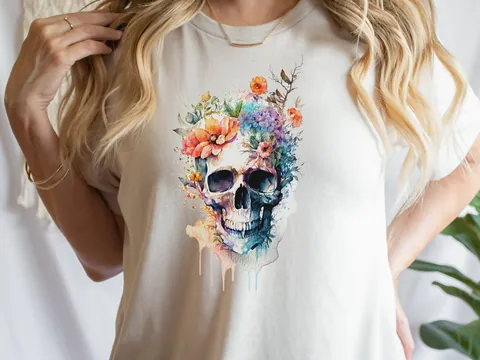 Watercolour Skull and Flowers T-Shirt