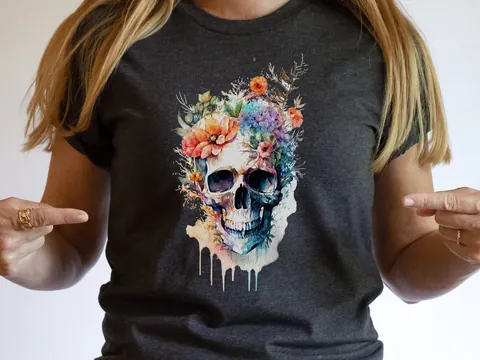 Watercolour Skull and Flowers T-Shirt - View 4