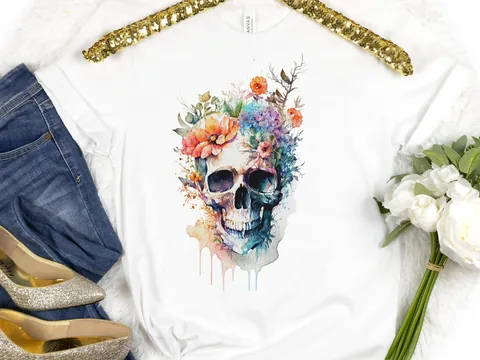 Watercolour Skull and Flowers T-Shirt - View 6