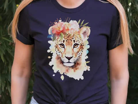 Jaguar Tshirt for Women Pink Flowers Tee Wild Animal Print Jungle Big Cat Lovers Unique Watercolour Design Cute Nature T-Shirt Floral Shirt - View 2