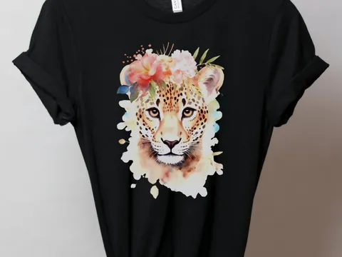 Jaguar Tshirt for Women Pink Flowers Tee Wild Animal Print Jungle Big Cat Lovers Unique Watercolour Design Cute Nature T-Shirt Floral Shirt - View 4