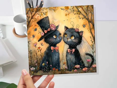Black Cat Wedding Card Whimsical Cats Anniversary Card for Cat Lovers Romantic Unique Whimsical Illustration Happy Couple Getting Married - View 5