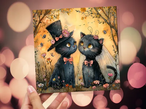 Black Cat Wedding Card Whimsical Cats Anniversary Card for Cat Lovers Romantic Unique Whimsical Illustration Happy Couple Getting Married - View 6