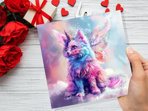 Caticorn Birthday Card Whimsical Cat Butterfly Wings Kitten for Unicorn Lovers Kids Magical Pastel Pink Purple Blue Rainbow Party Invitation - View 9