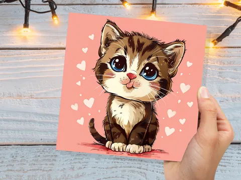 Tabby Kitten Card – Pink Hearts