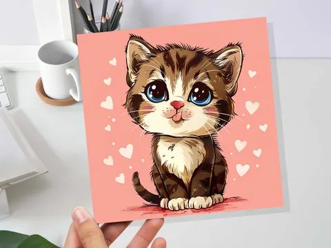 Tabby Kitten Card – Pink Hearts - View 6