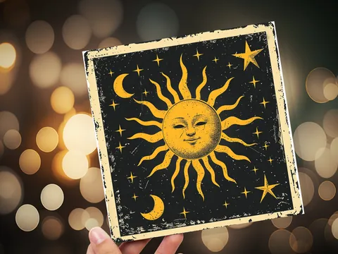 Celestial Sun Moon Card Astrological Lunar Stars Night Sky Vintage Retro Yellow Black Celestial Myth Folklore Spiritual Symbolism Astrology - View 6