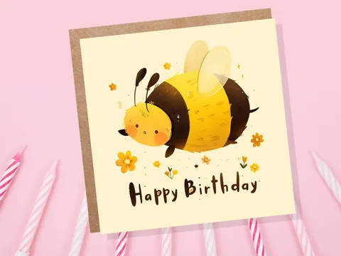 Cute Bee Happy Birthday Card Cartoon BumbleBee Flowers Cute Honey Tones Design for Summer Kids Bee Lovers Climate Nature Wildlife Insects - View 4