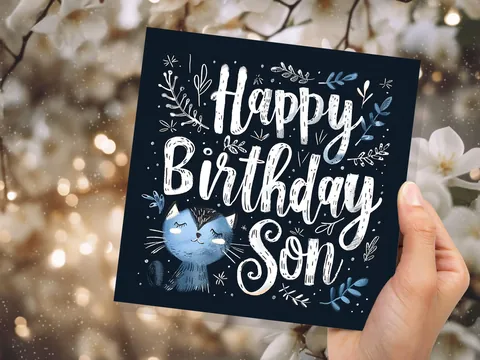 Cute Cat Birthday Greeting Card for Son Unique Handlettered Design with Blue Kitten Folk Art Style with Leaves & Branches for Cat Lovers - View 9