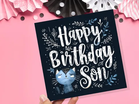 Cute Cat Birthday Greeting Card for Son Unique Handlettered Design with Blue Kitten Folk Art Style with Leaves & Branches for Cat Lovers - View 6