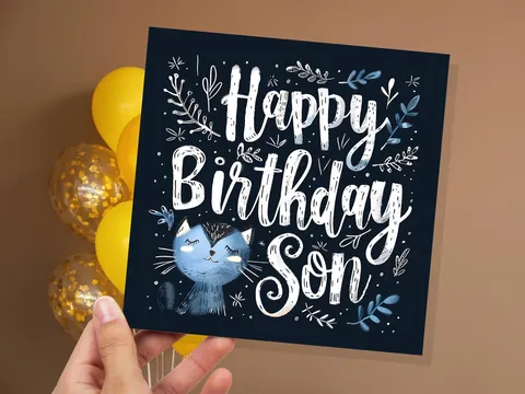 Cute Cat Birthday Greeting Card for Son Unique Handlettered Design with Blue Kitten Folk Art Style with Leaves & Branches for Cat Lovers - View 5
