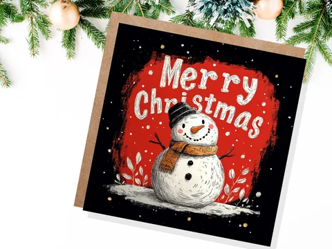Snowman Christmas Card – Red Background - View 2