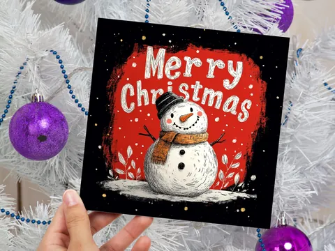 Snowman Christmas Card – Red Background - View 5