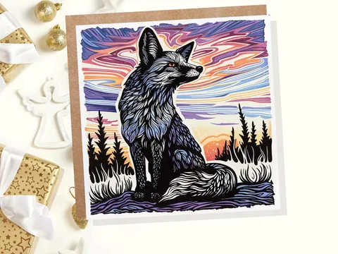 Linocut Fox Card Unique Sunset Sunrise Scene Wildlife Art Magical Countryside Snowy Trees Scene Print Art Style Birthday Card for Fox Lovers - View 4