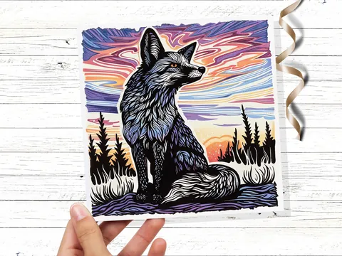 Linocut Fox Card Unique Sunset Sunrise Scene Wildlife Art Magical Countryside Snowy Trees Scene Print Art Style Birthday Card for Fox Lovers - View 5