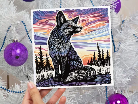 Linocut Fox Card Unique Sunset Sunrise Scene Wildlife Art Magical Countryside Snowy Trees Scene Print Art Style Birthday Card for Fox Lovers - View 6