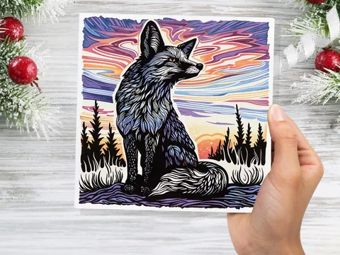 Linocut Fox Card Unique Sunset Sunrise Scene Wildlife Art Magical Countryside Snowy Trees Scene Print Art Style Birthday Card for Fox Lovers - View 8