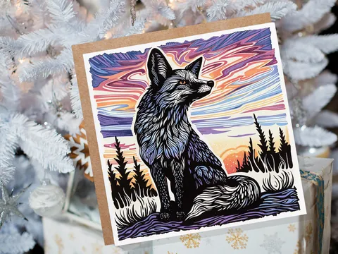 Linocut Fox Card Unique Sunset Sunrise Scene Wildlife Art Magical Countryside Snowy Trees Scene Print Art Style Birthday Card for Fox Lovers - View 3