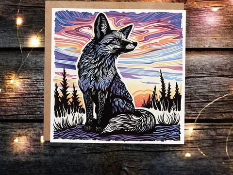Linocut Fox Card Unique Sunset Sunrise Scene Wildlife Art Magical Countryside Snowy Trees Scene Print Art Style Birthday Card for Fox Lovers - View 2