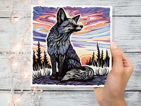 Linocut Fox Card Unique Sunset Sunrise Scene Wildlife Art Magical Countryside Snowy Trees Scene Print Art Style Birthday Card for Fox Lovers