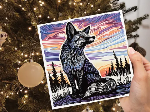Linocut Fox Card Unique Sunset Sunrise Scene Wildlife Art Magical Countryside Snowy Trees Scene Print Art Style Birthday Card for Fox Lovers - View 9