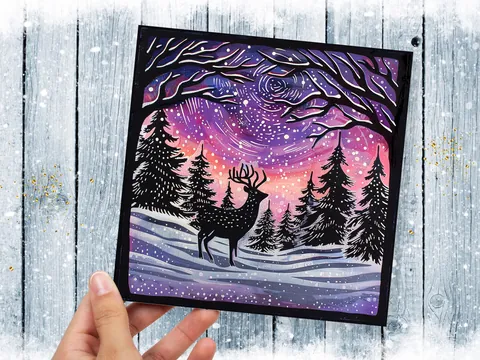 Christmas Card Reindeer Silhouette with Northern Lights Starry Sky Pine Tree Forest Aurora Borealis Deer Black Pink Orange Winter Sun Snow