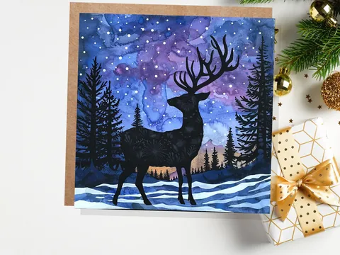 Christmas Card Reindeer Silhouette Winter Night Sky Pine Forest Snow Scene Blue Purple Starry Night Watercolour Art Holiday Greeting 2026 - View 4