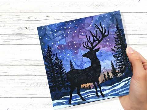 Christmas Card Reindeer Silhouette Winter Night Sky Pine Forest Snow Scene Blue Purple Starry Night Watercolour Art Holiday Greeting 2026 - View 9