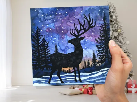 Christmas Card Reindeer Silhouette Winter Night Sky Pine Forest Snow Scene Blue Purple Starry Night Watercolour Art Holiday Greeting 2026 - View 8